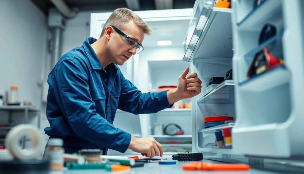 A fridge technician in a well lit workshop